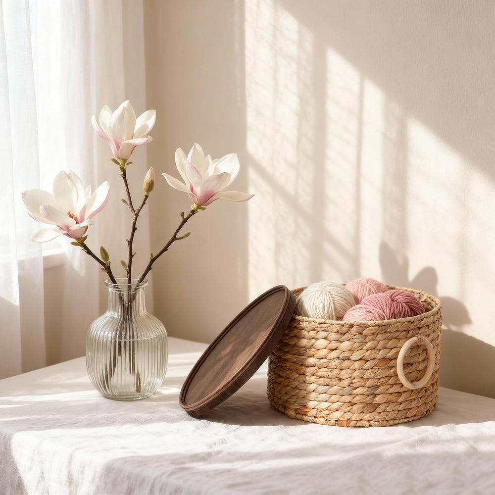 Round Water Hyacinth Wicker Storage Basket with Lid (Large)