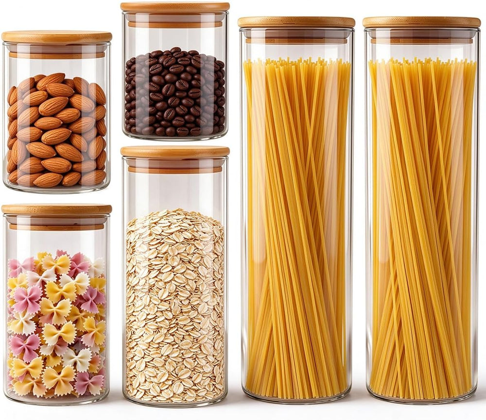 6 Pack Airtight Glass Storage Containers Set for Tea Coffee Pasta Spices
