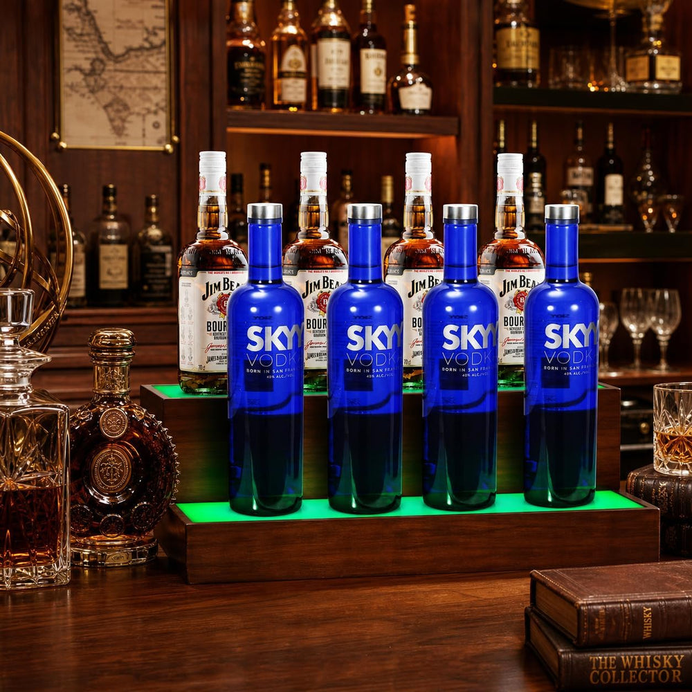2 Pack LED Liquor Bottle Display Shelf , 2 Tier Real Wood Bar Shelves for Liq...