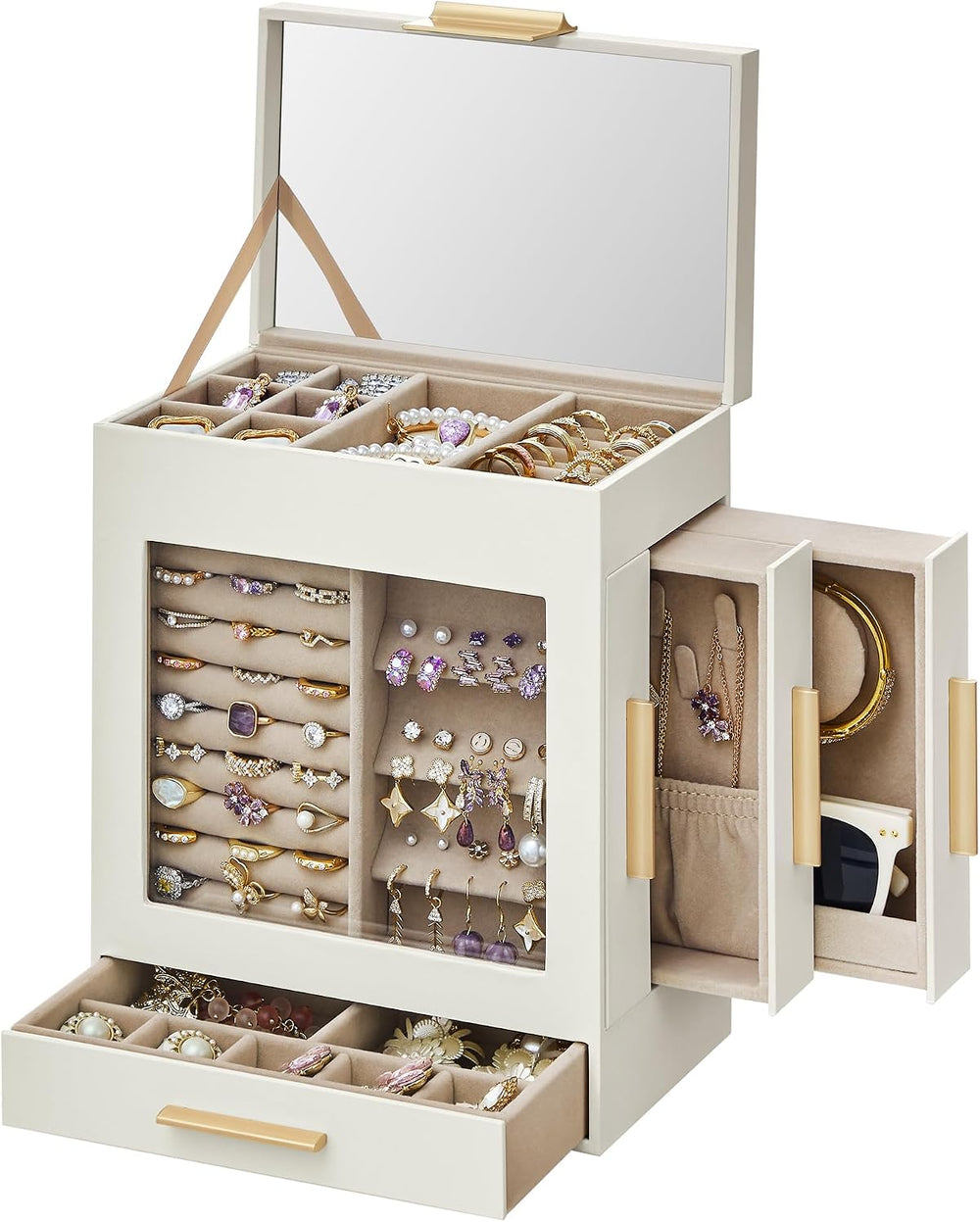 SONGMICS 5-Layer Jewelry Box with Glass Window, 3 Side Drawers