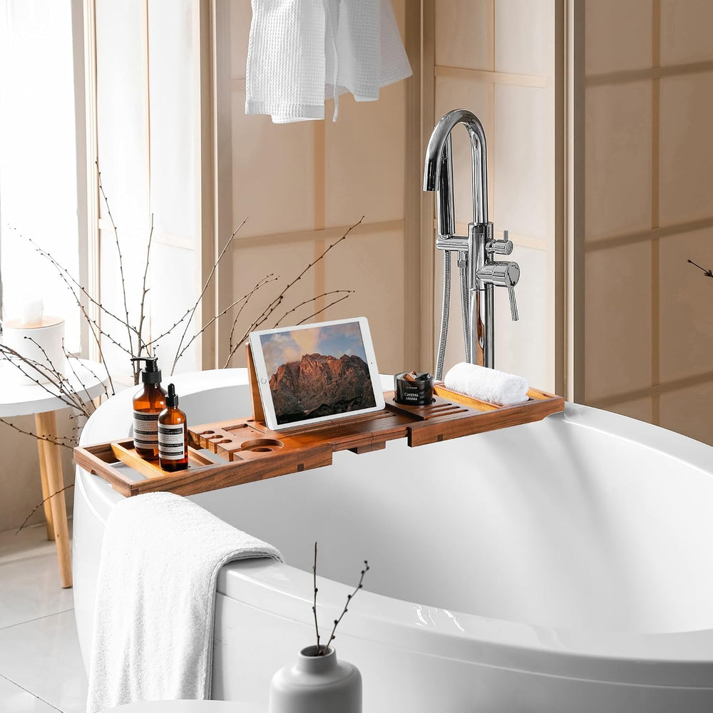 Teak Bathtub Tray, Adjustable Wood Bath Organizer Caddy