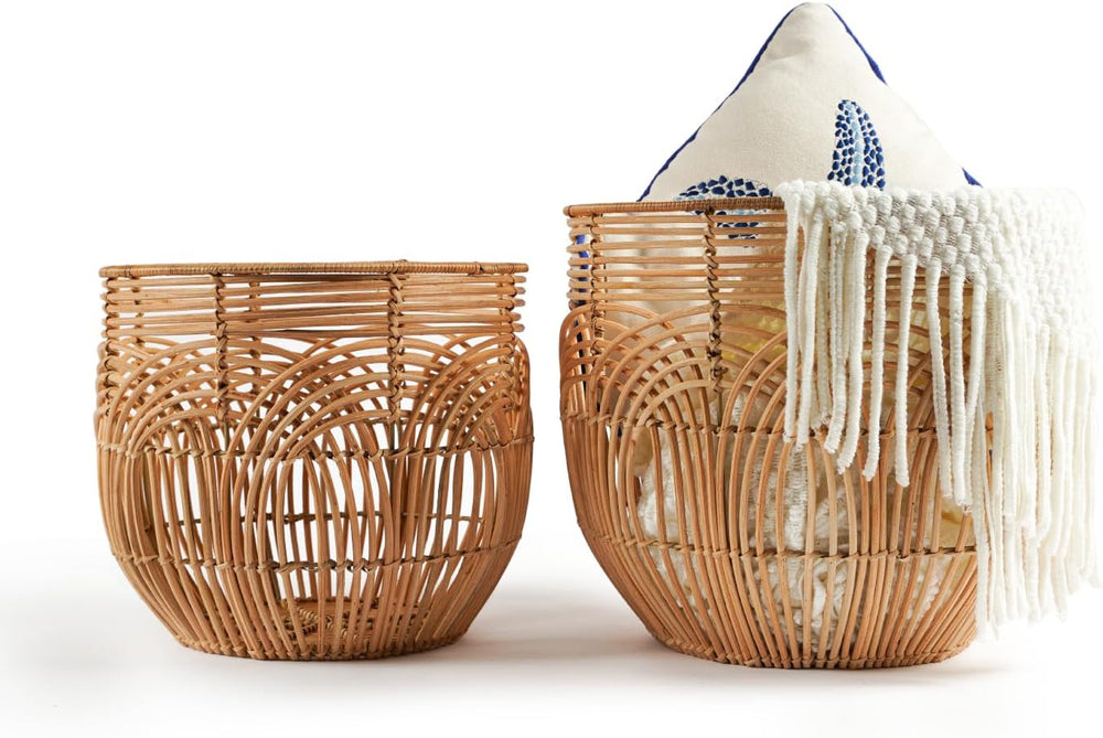 Set Of 2 Large Woven Blanket Baskets | Round Wicker Rattan Storage Floor Bask...