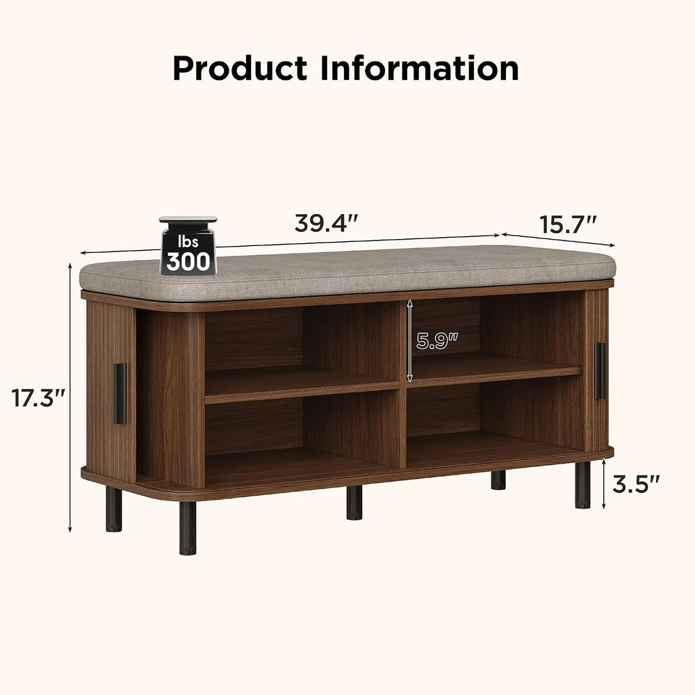 Maupvit Shoe Storage Bench with Smooth Fluted Sliding Doors, 2 Tier Hidden Sh...