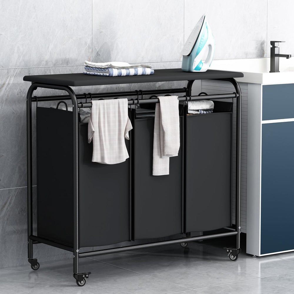 3 Bags Laundry Basket Sorter, Black 135L Laundry Hamper, Ironing Board