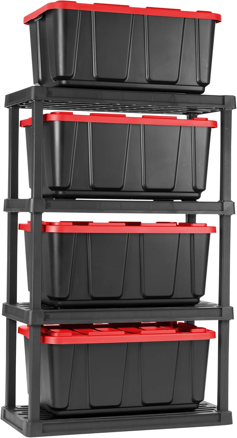 IRIS USA 4-Tier Heavy Duty Plastic Shelving Unit and Heavy Duty Storage Tote ...