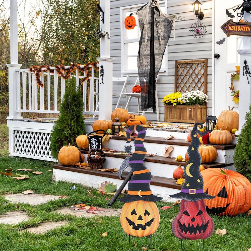YEAHOME Halloween Decorations Outdoor, 2 Pack Metal Pumpkin Garden Stakes wit...