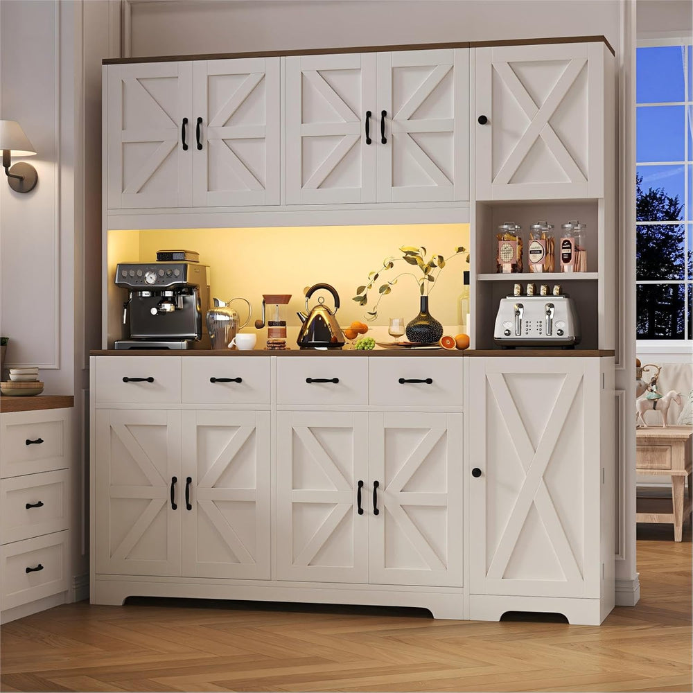 71" Tall Kitchen Pantry with LED Lights & Charging Station, Farmhous...