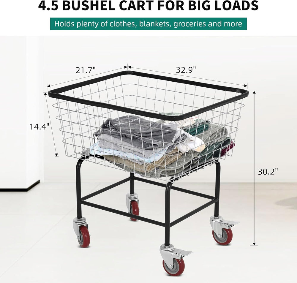 4.5-Bushel Rolling Laundry Cart with Wheels, Steel Clothing Storage