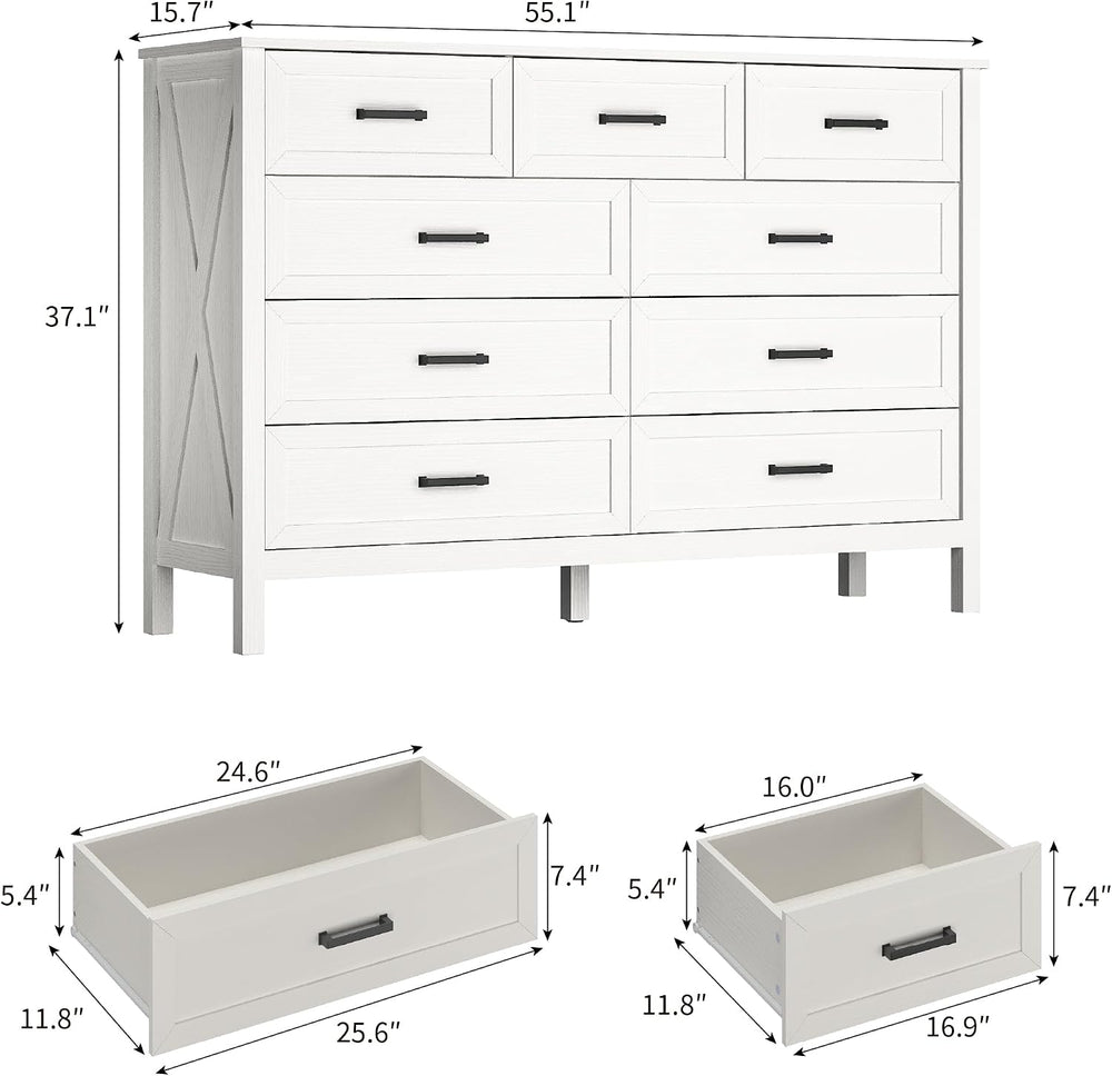 White Farmhouse 9 Drawers Dresser for Bedroom, 55" Wide