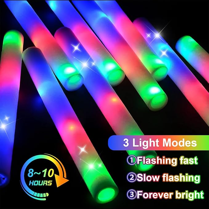 EXCECAR 45PCS Foam Glow Sticks, LED Light Up Foam Sticks with 3 Modes Flashin...