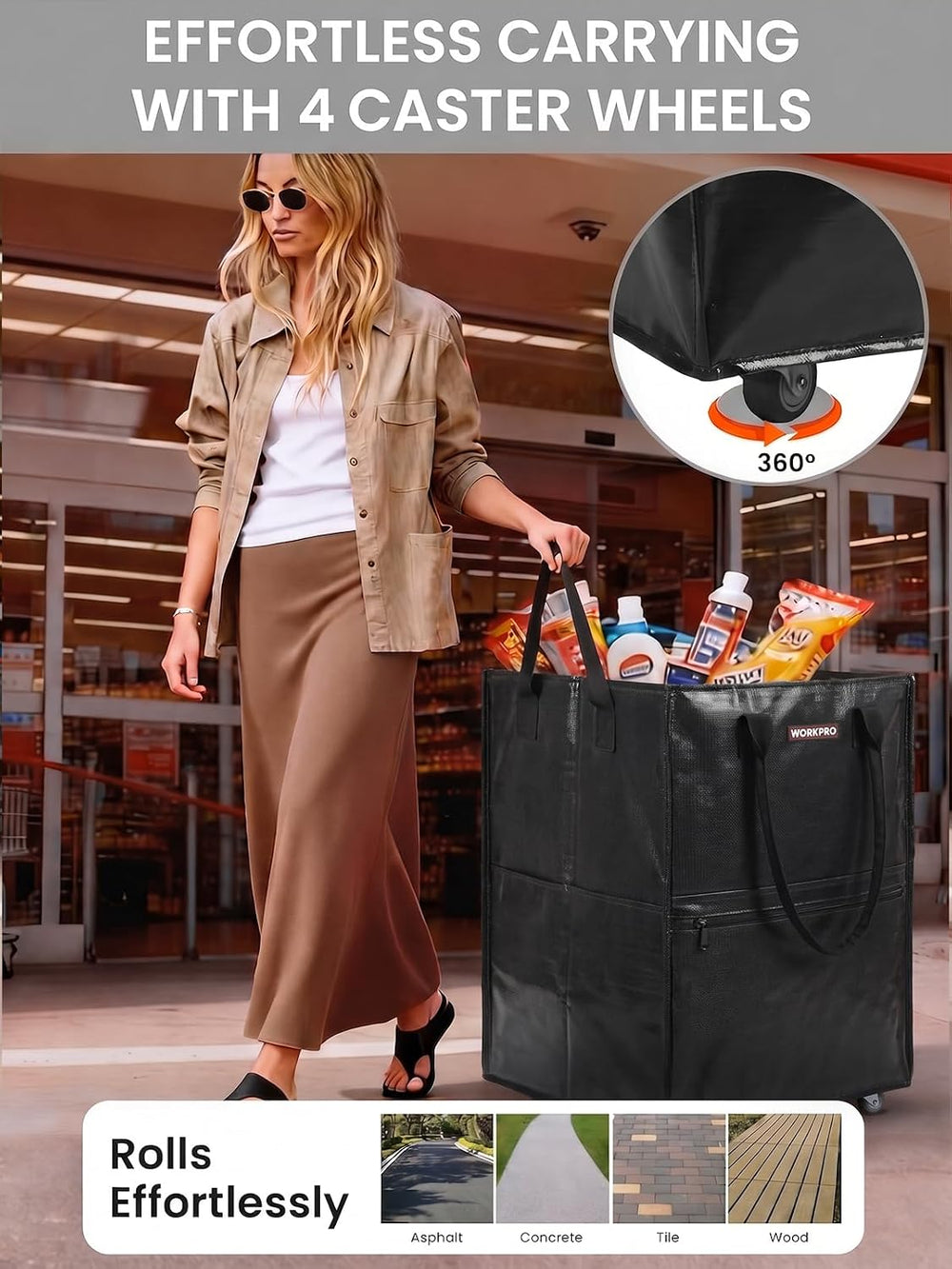 WORKPRO Medium Rolling Grocery Bag, 18-Gallon Shopping Tote with 4 Wheels