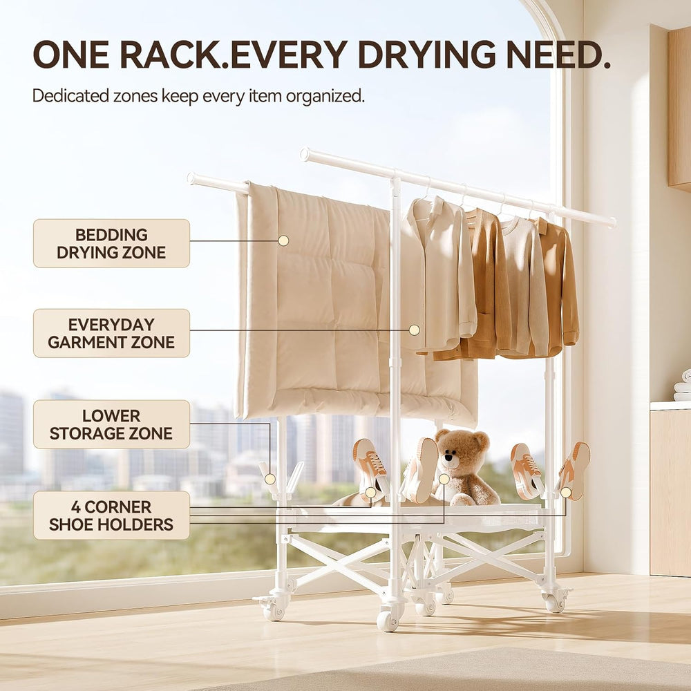 SUJI Foldable Clothes Drying Rack with Wheels & Shoe Rack, White