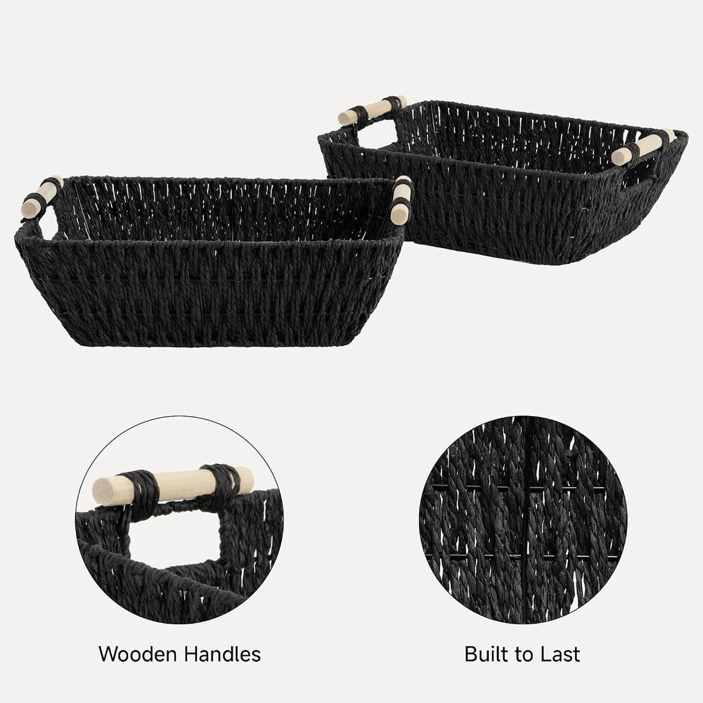 StorageWorks Wicker Storage Baskets for Shelves, 2 Pack Black Wicker Basket