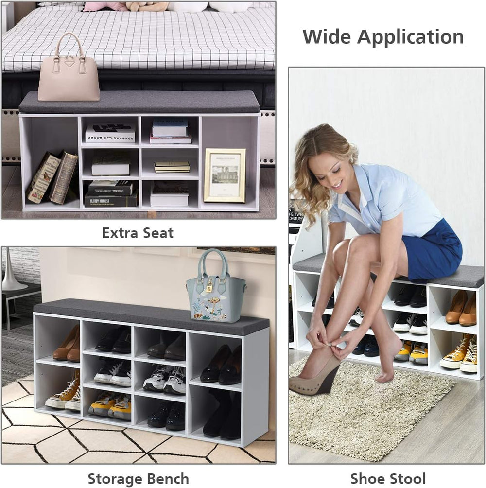 KOTEK Wooden Shoe Bench with Cushion, 10-Cube Shoe Rack Cabinet w/Adjustable ...