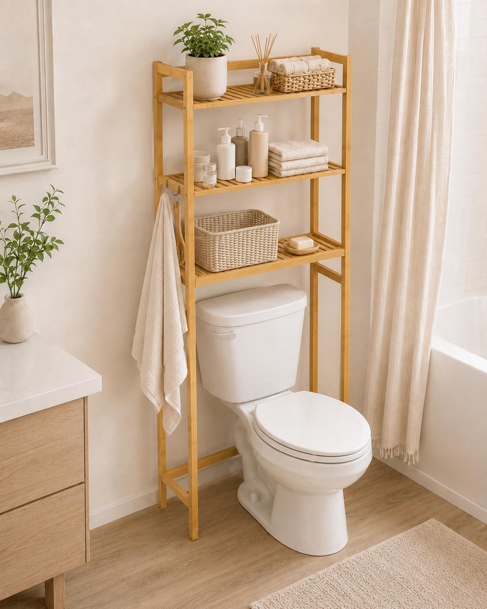 Over The Toilet Storage,Space Saving 3 Tier Bamboo Bathroom Storage Shelf