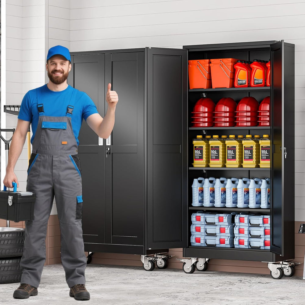 71" Metal Garage Storage Cabinet with Wheels and Locking Doors and Tall ...