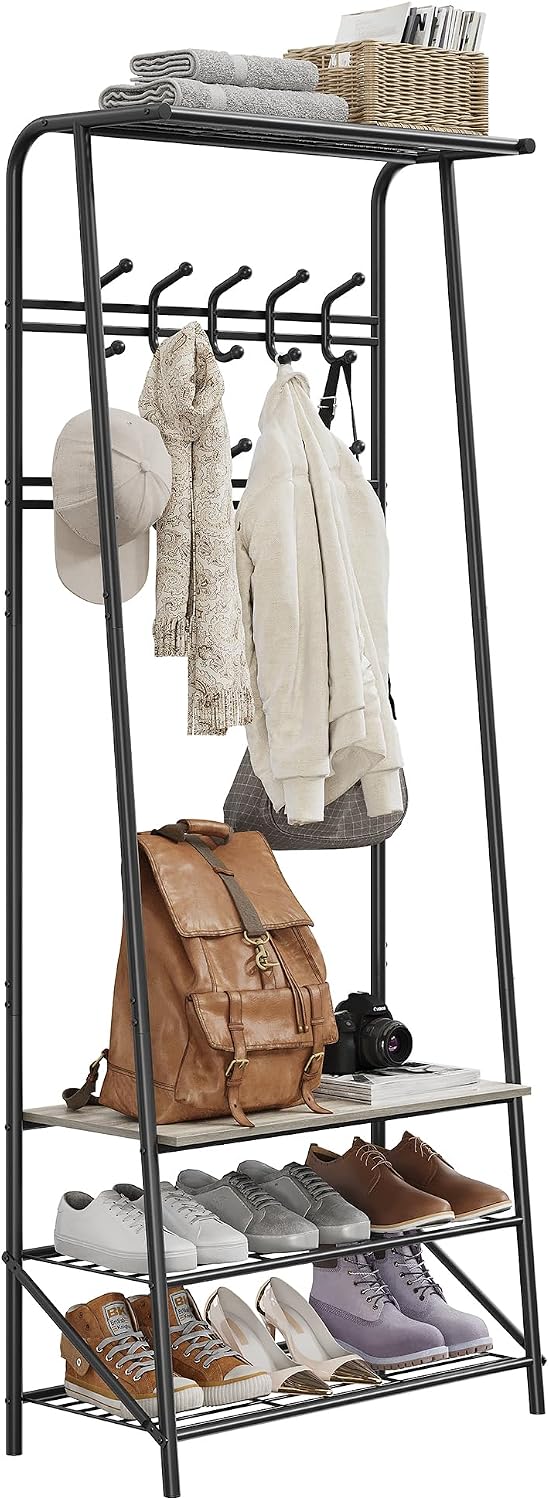 4-In-1 Hall Tree Coat Rack Shoe Bench with 5 Hooks & 4-Tier Shelf, Metal ...
