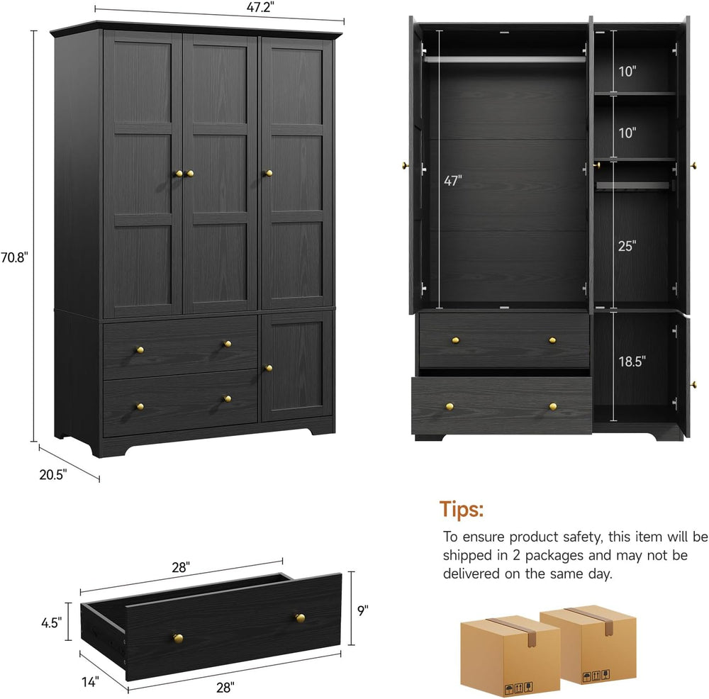 3 Doors Wooden Wardrobe Closet, Large Capacity Bedroom Armoires