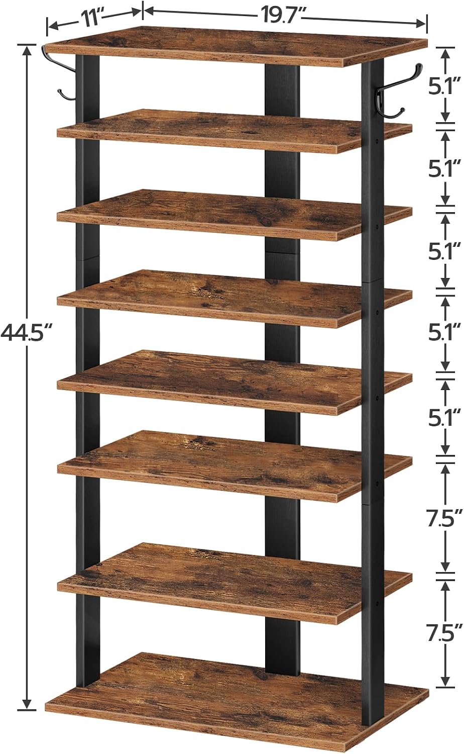 HOOBRO 8 Tiers Vertical Shoe Rack, Wooden Shoe Storage Organizer with Hooks, ...