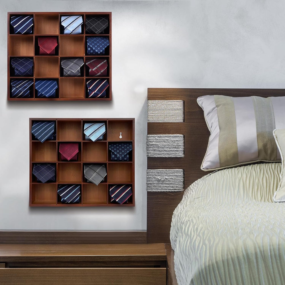 Wall Mounted Tie Rack - 16 Compartment Tie Organizer with Display Racks for B...