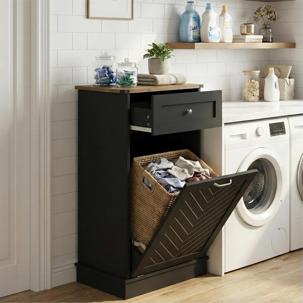 YOURLITE Tilt-Out Laundry Hamper Cabinet, 10 Gallon Herringbone Trash Can Cab...