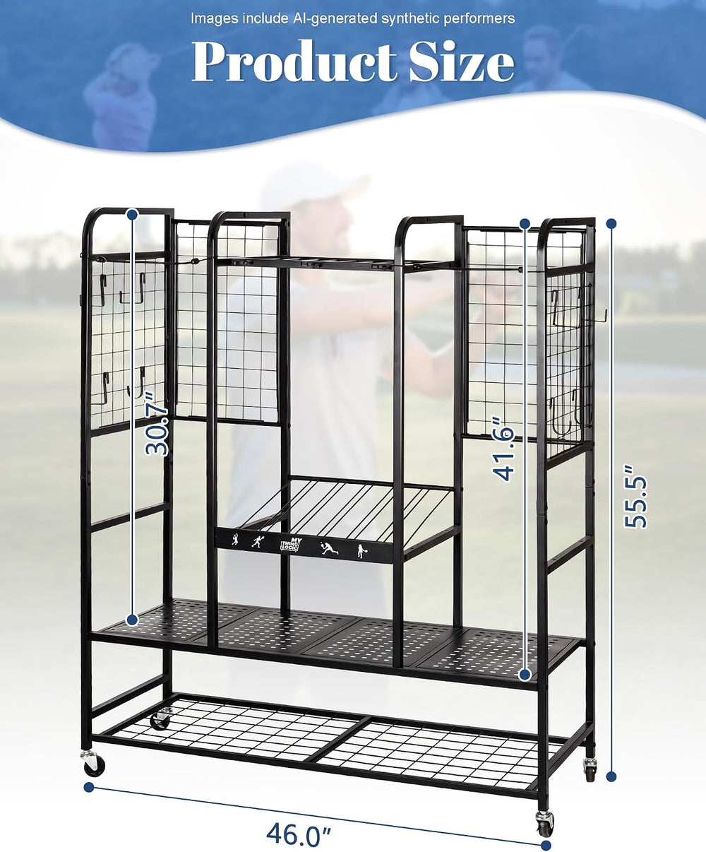 Mythinglogic Golf Bag Storage Rack with Wheels, 2 Golf Bag Garage Organizer