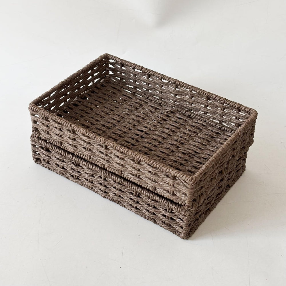 4PCS Small Woven Paper Rope Shallow Basket Organizing,Dark Brown