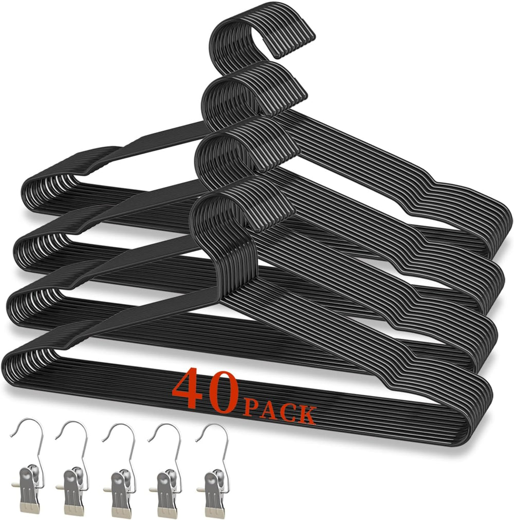 40Pack+5 Clips Luxurious Metal Hanger Set, Upgraded Thicker Black Hangers