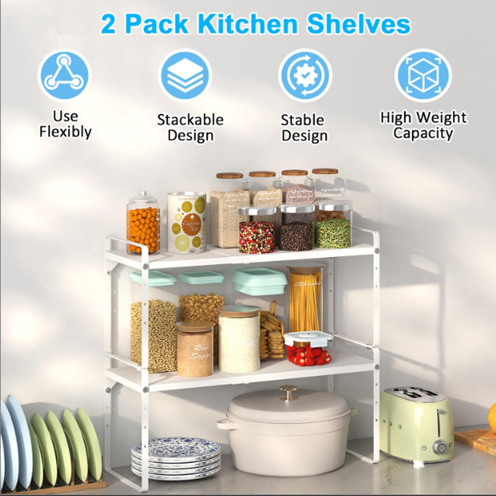 Set of 2 Expandable Cabinet Shelf Organizer, Stackable Kitchen Countertop She...