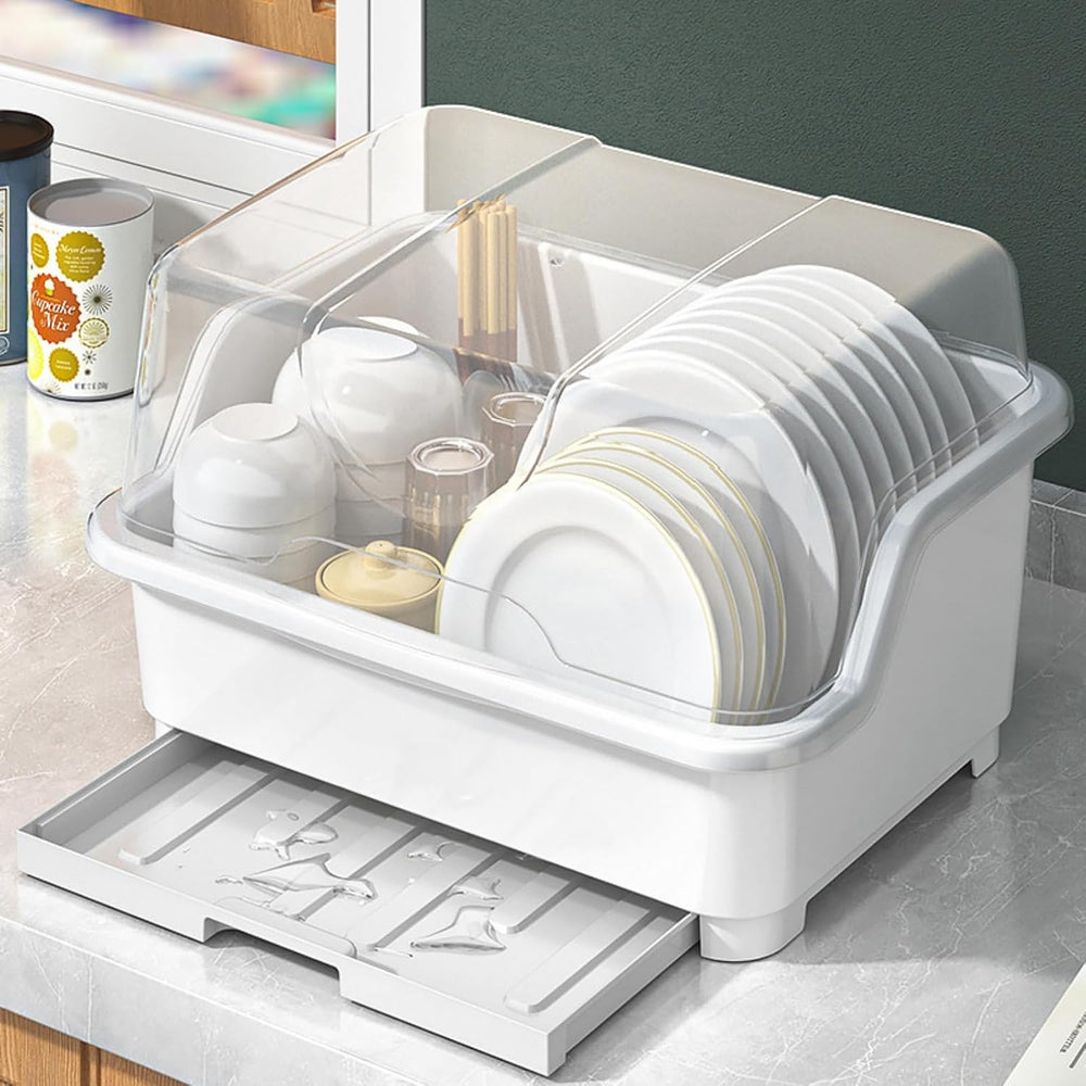 Plastic Dish Drying Rack with Clear Cover Lid, Dust-Proof