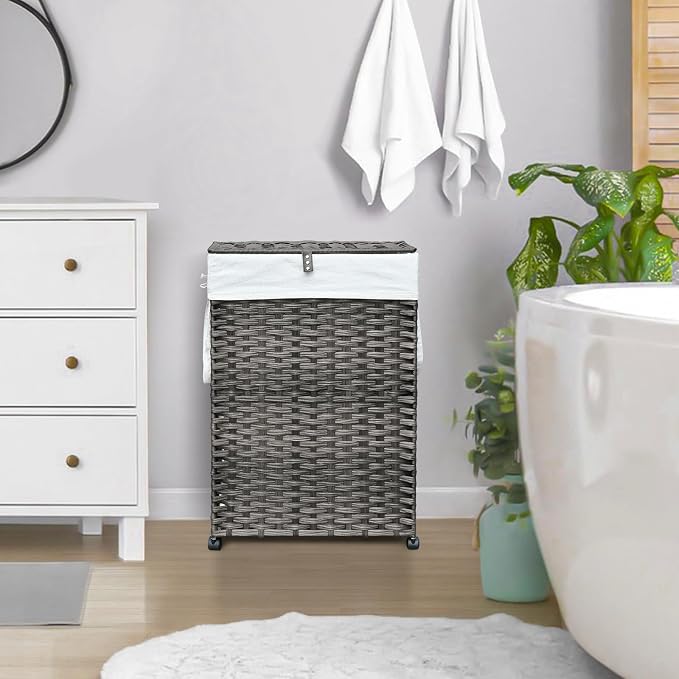 70L Slim Laundry Hamper with Lid & Wheels, 2-Park Rolling Laundry Basket ...
