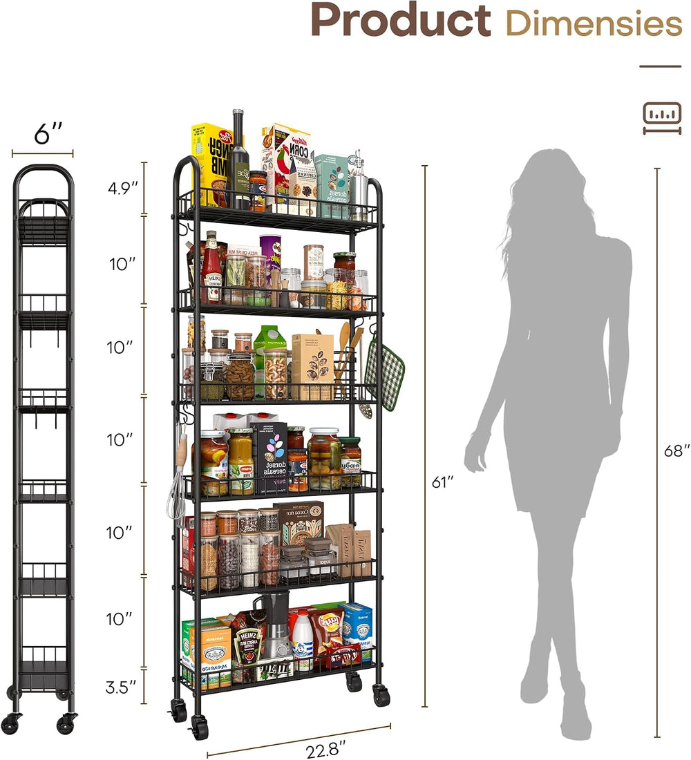 Slim Rolling Storage Cart with Wheels, Metal 6 Tier Spice Rack Mobile Shelvin...