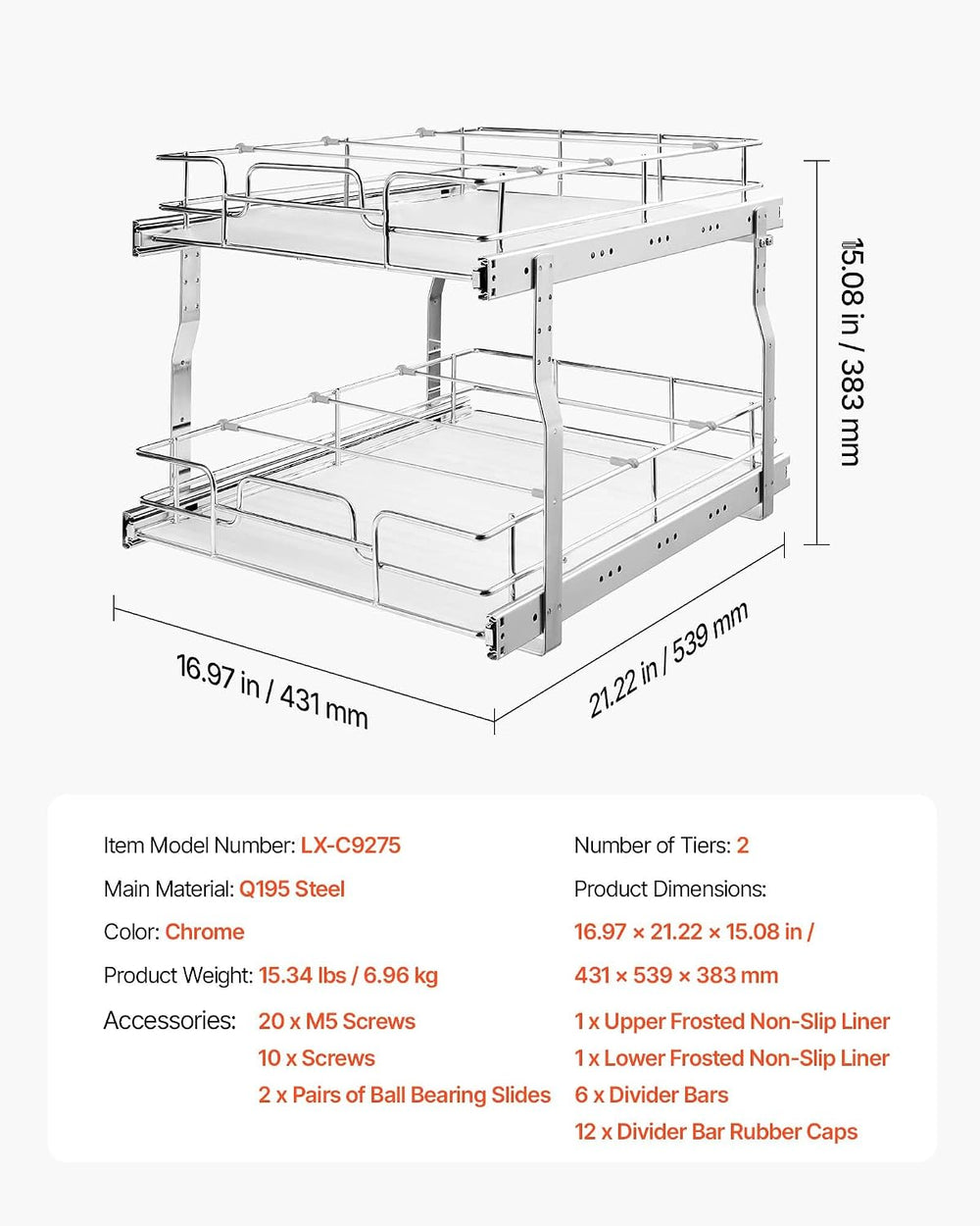 VEVOR 2 Tier Pull Out Cabinet Organizer 16.97"W x 21.22"D Slide Out...