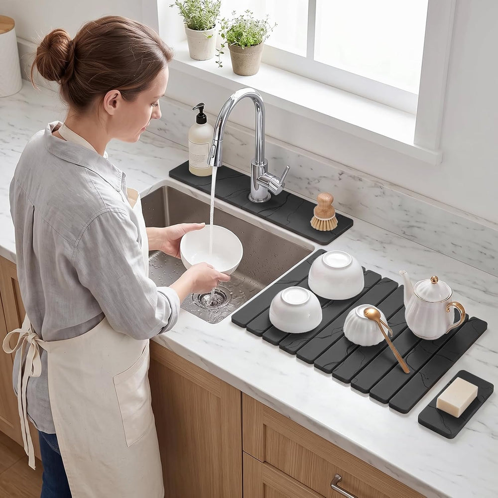 Large Stone Dish Drying Mat Set for Kitchen Counter Dark Gray Marble