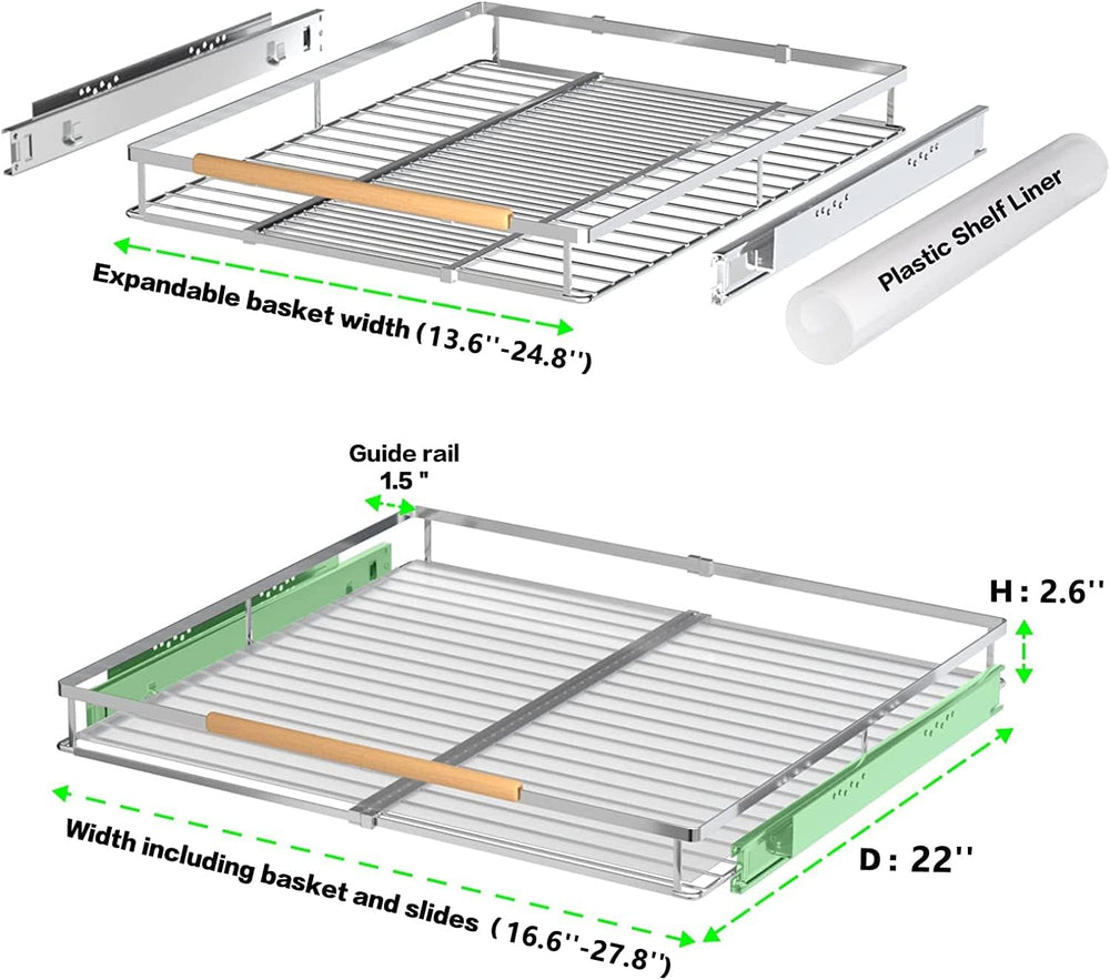 Expandable Sliding Basket, Pull-Out Cabinet Organizer, Heavy Duty Slide Out P...