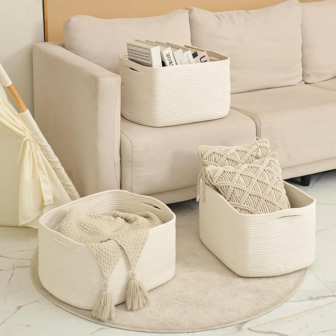Large Storage Baskets for Organizing Shelves, Woven Cotton Rope Bins for Baby...