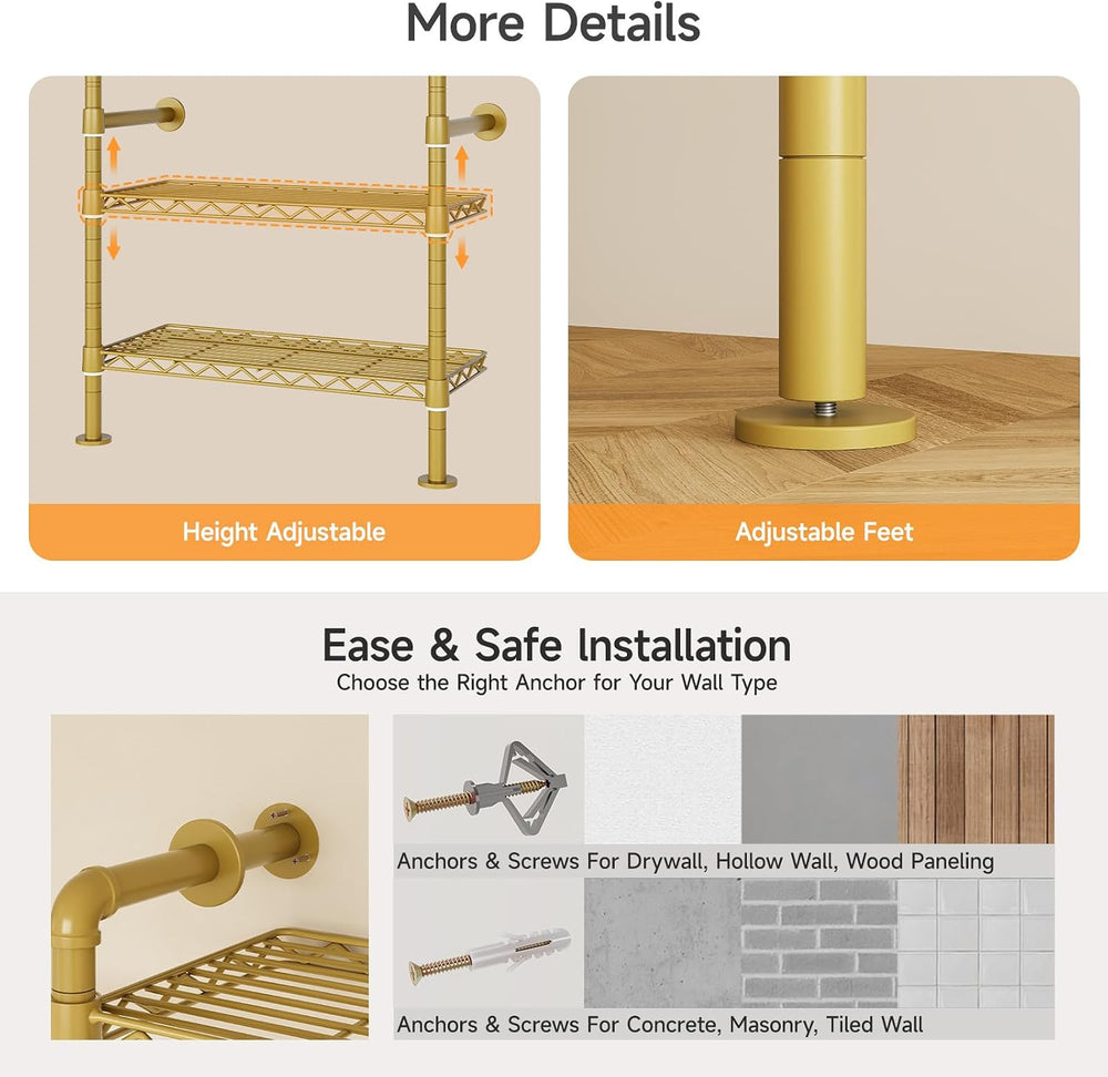 ONBRILL L7 Wall Mounted Industrial Pipe Clothing Rack, Corner Closet System