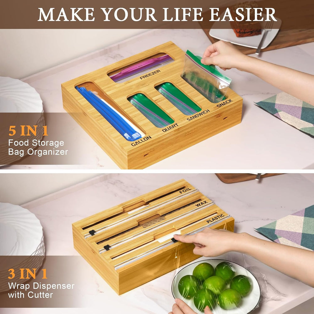 9 IN 1 Bamboo Foil and Plastic Wrap Organizer for Kitchen Drawer, Plastic Bag...