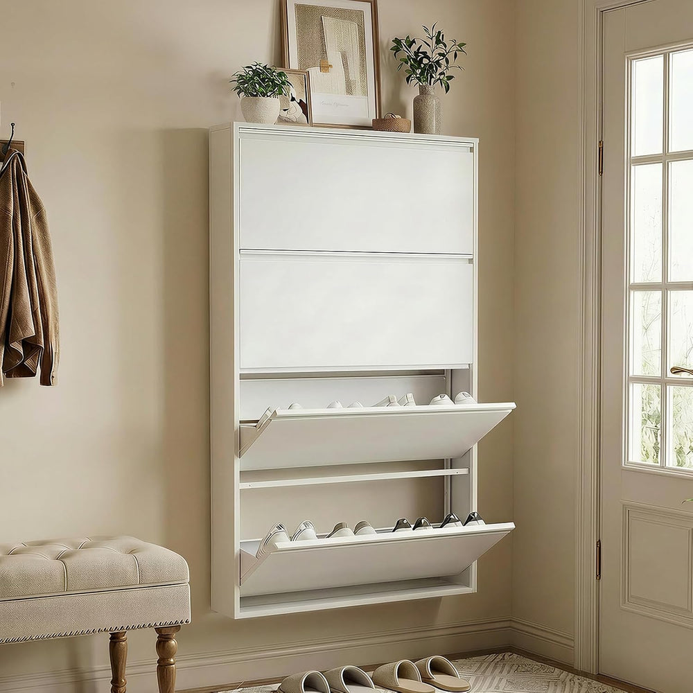 4 Flip Drawer Shoe Cabinet, Slim Metal Storage for Entryway