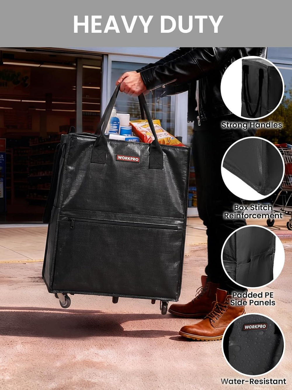 WORKPRO Medium Rolling Grocery Bag, 18-Gallon Shopping Tote with 4 Wheels