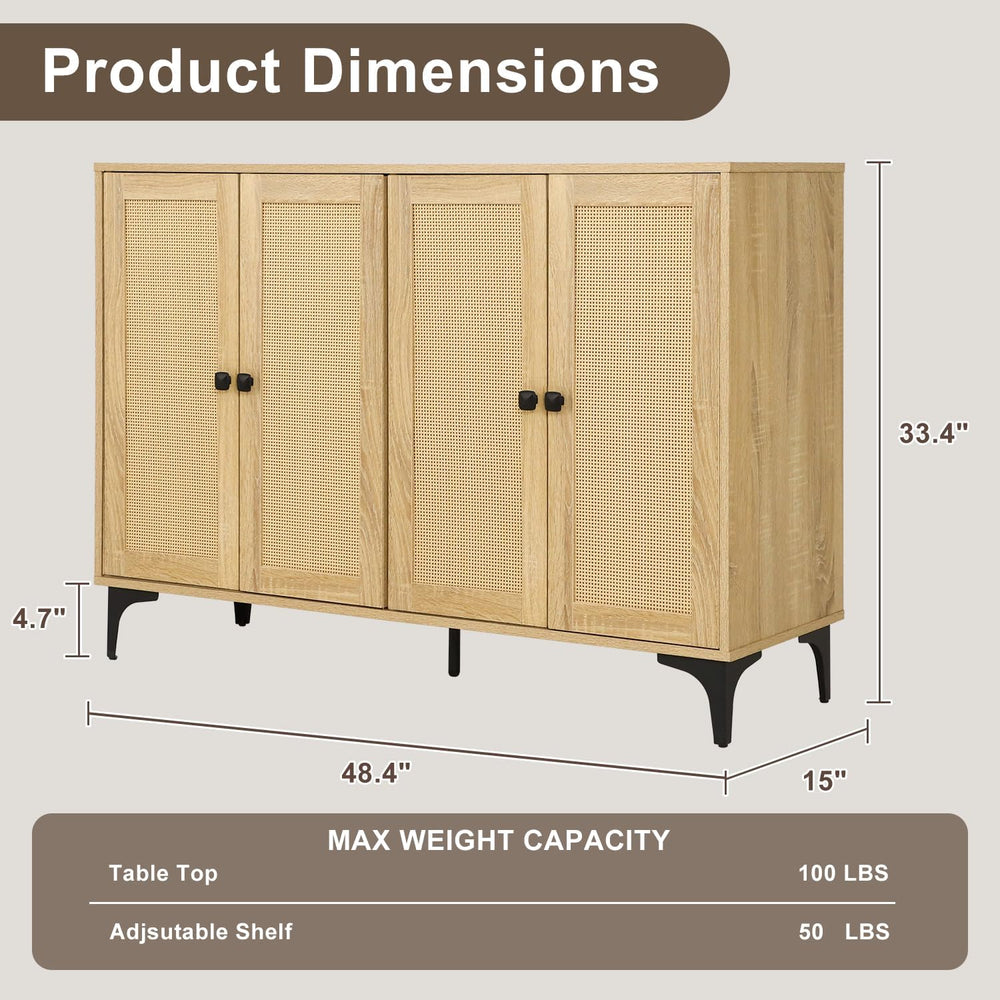 48" Sideboard Cabinet with Natural Rattan Doors