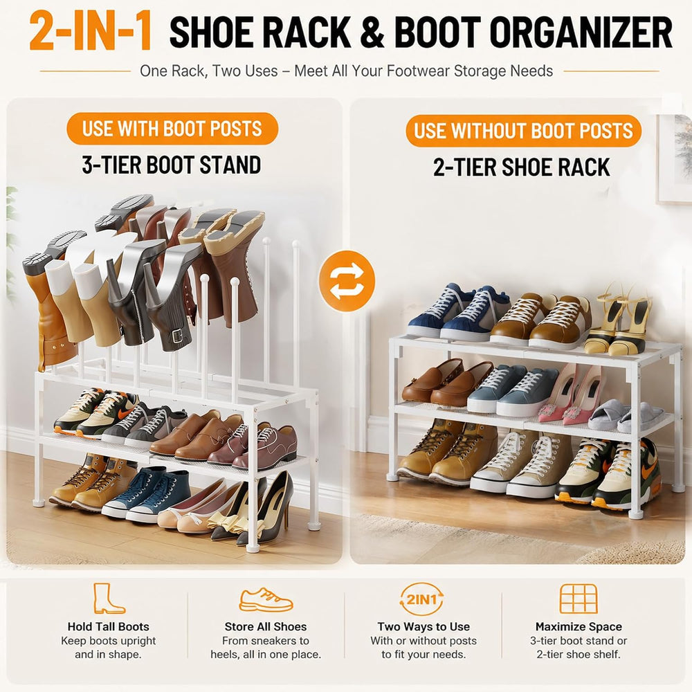 3-Tier Expandable Shoe Rack with Removable Boot Posts, 2-in-1 Shoe Organizer ...