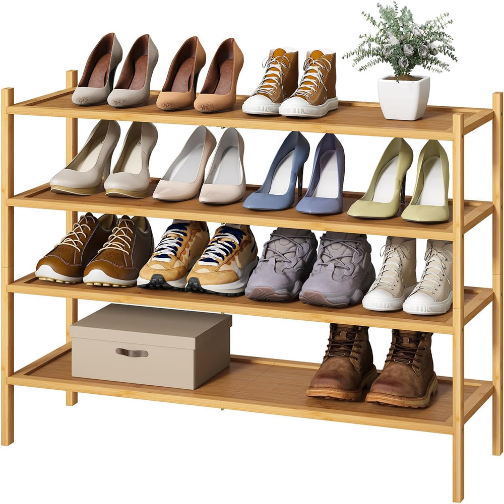 kiplant Long Shoe Rack, 4-Tier Bamboo Wood Shoe Rack, Stackable for Closet, E...
