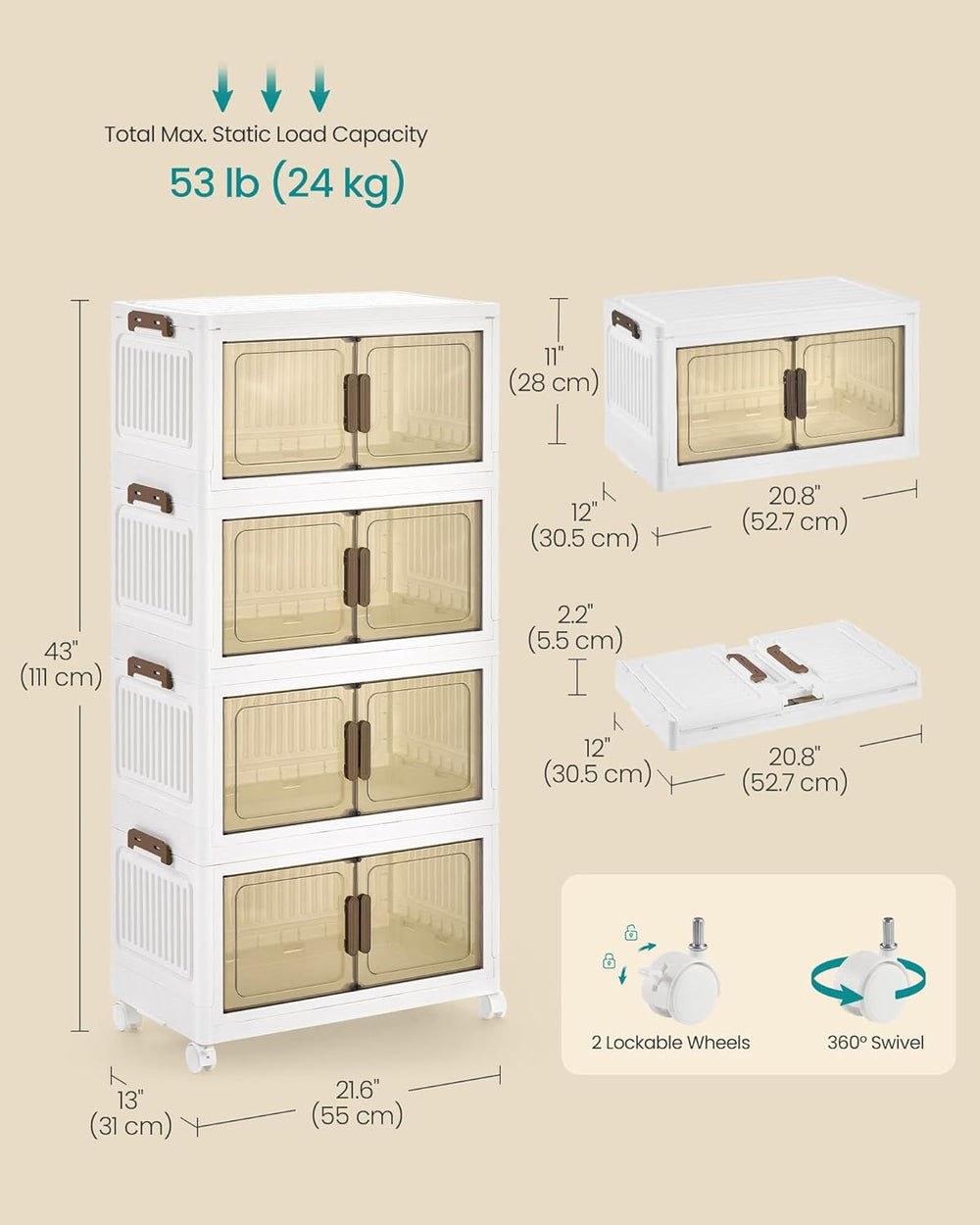 SONGMICS 48QT stackable storage bins with 1 Lid, 4-Tier Foldable Bins
