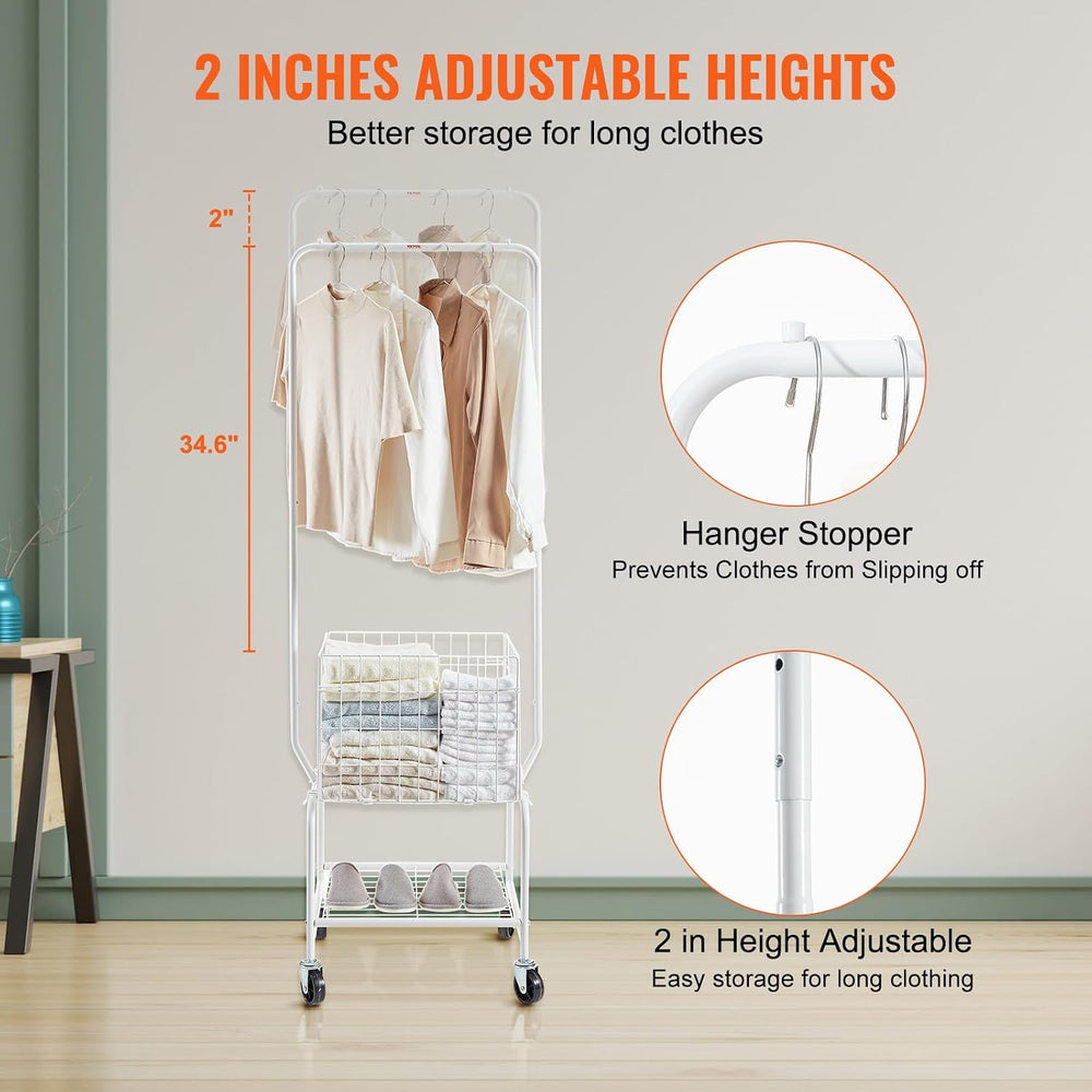 VEVOR Metal Rolling Laundry Basket with Hanging Garment Rack, Laundry Hamper ...