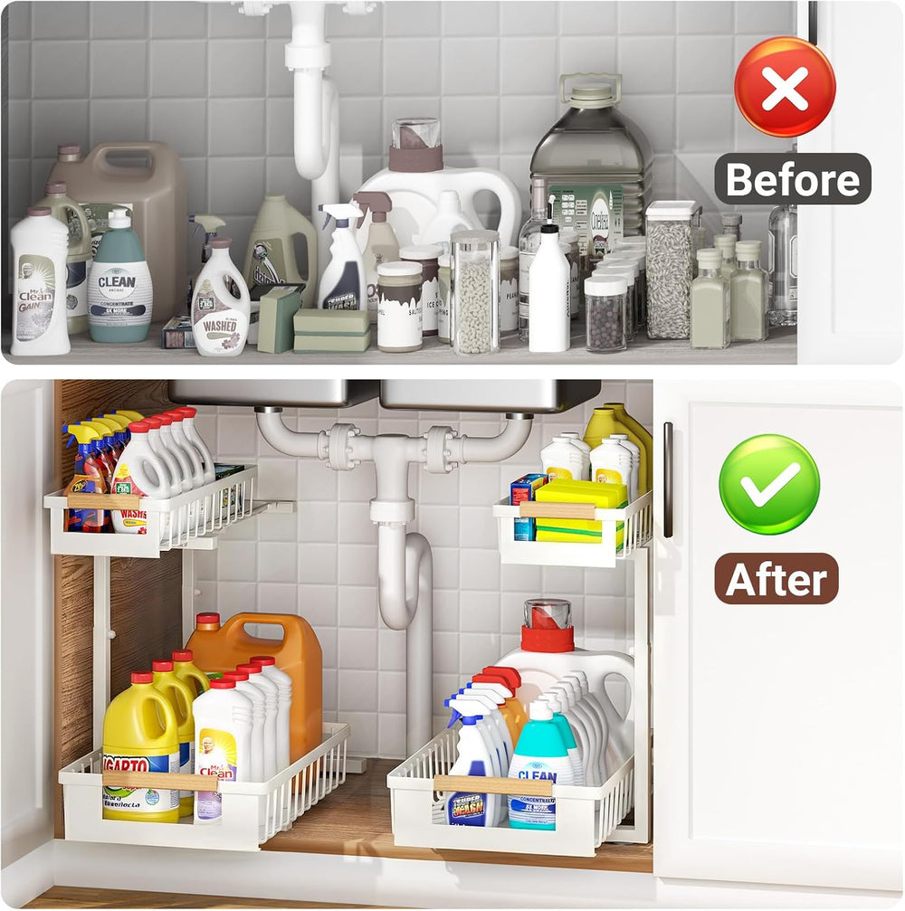 2 Pack Under Sink Organizer, 2 Tier Pull Out Cabinet Organizer with 5-Level A...