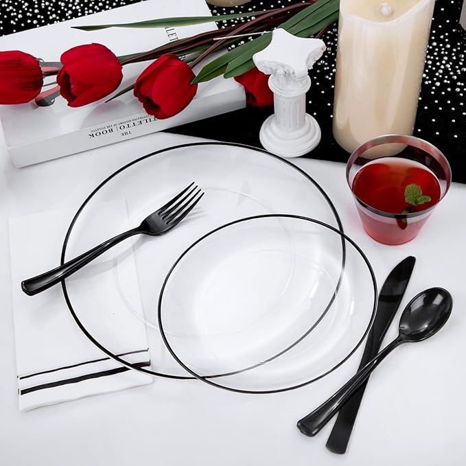 NOCCUR 350PCS Clear and Black Plastic Plates - Disposable Dinnerware Set for ...