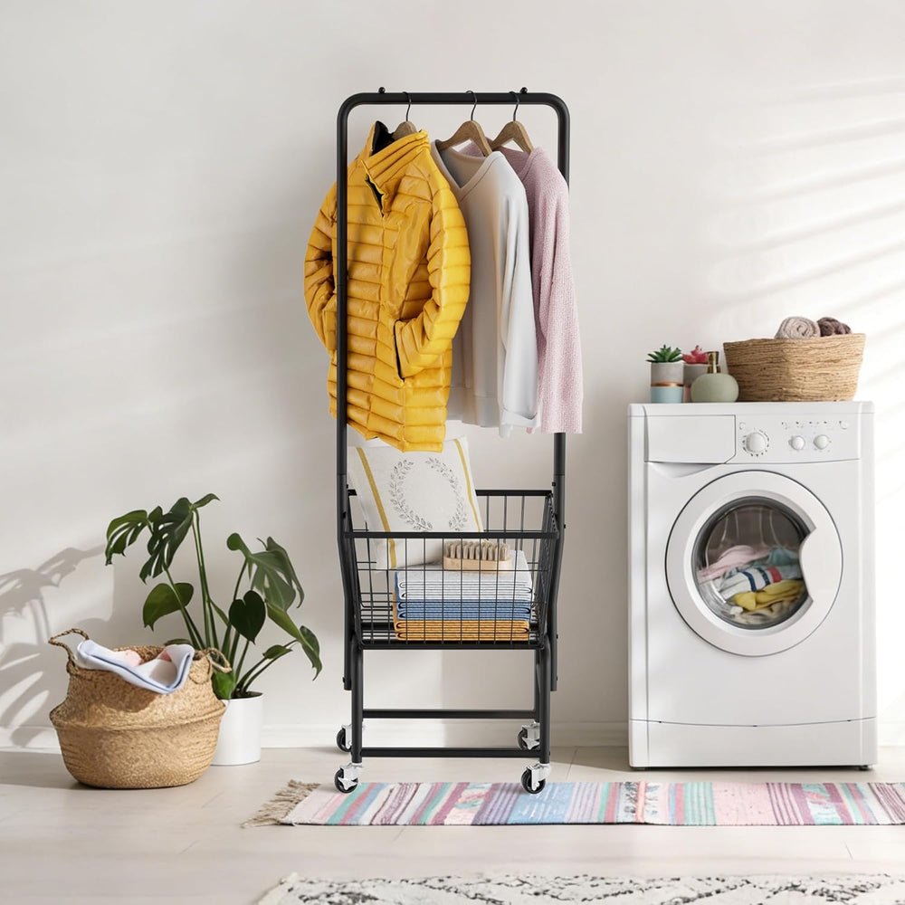 Rolling Laundry Cart with Wheels, Laundry Hamper Basket Organizer with Clothe...