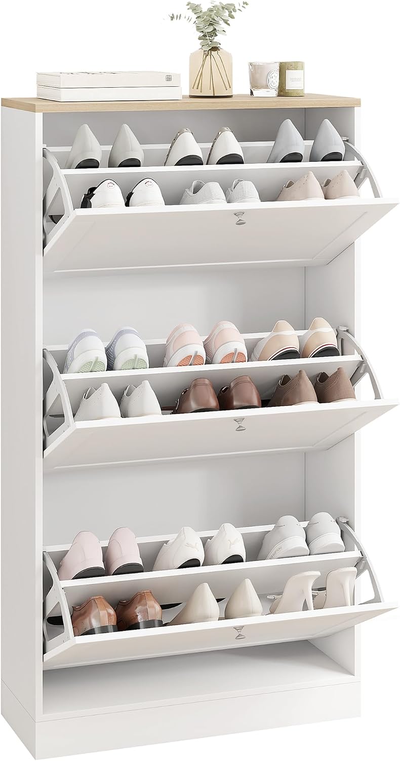 HOMCOM Shoe Storage Cabinet with 3 Flip Drawers, Adjustable Shelves, White