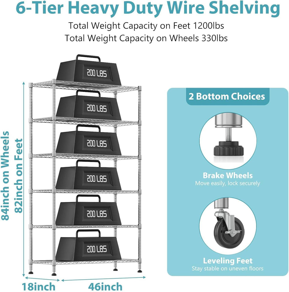Homdox 6-Tier Wire Shelving Unit with Wheels, Adjustable Metal Storage Shelve...